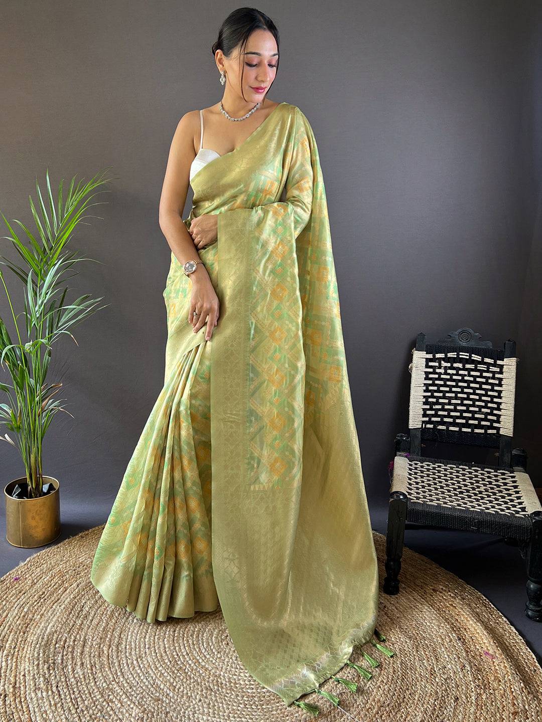 Model showcasing Tulipa Green Colour Block Print Banarasi Saree