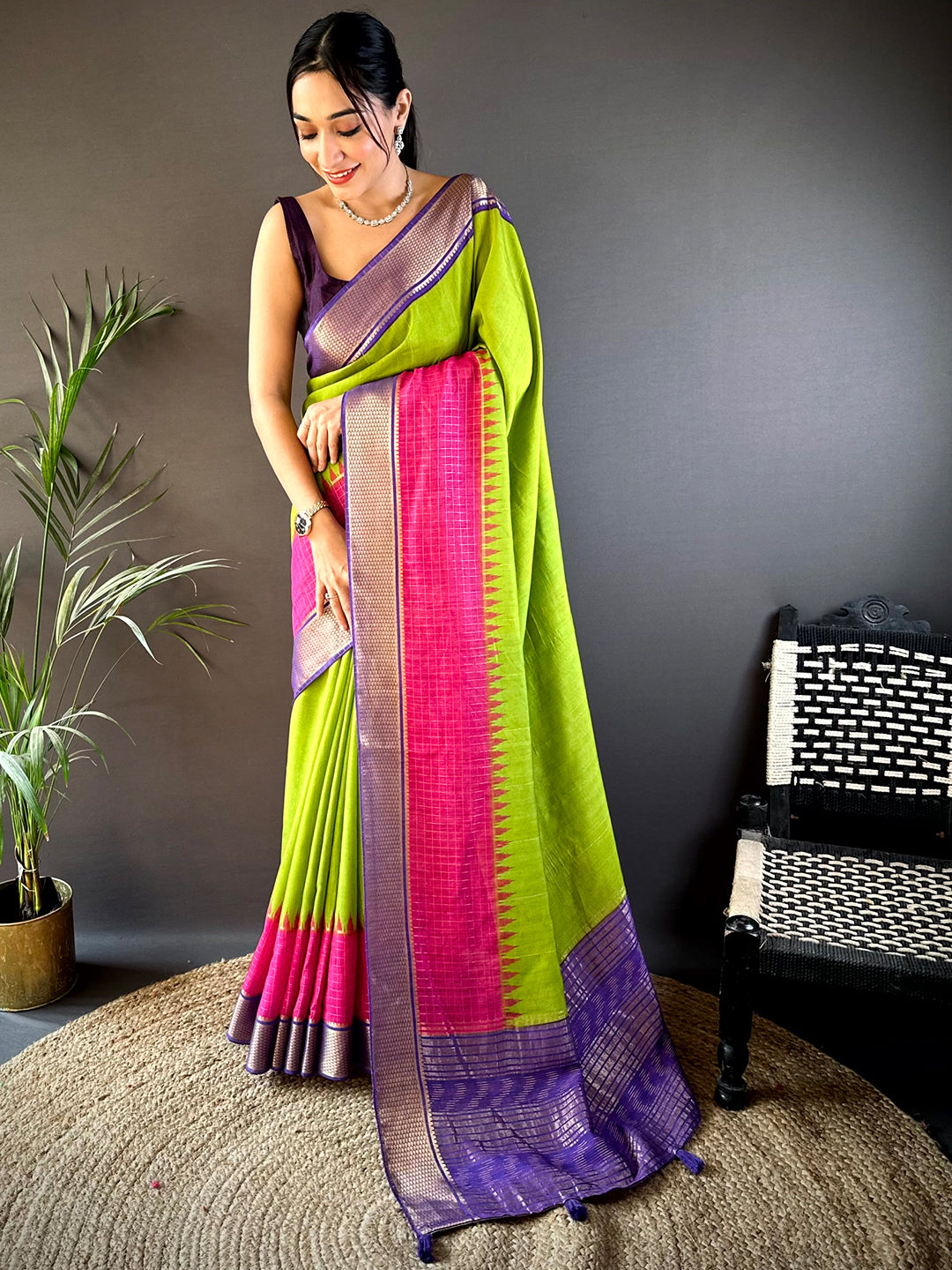 Volt Green Zari Pallu Cotton Viscose Saree