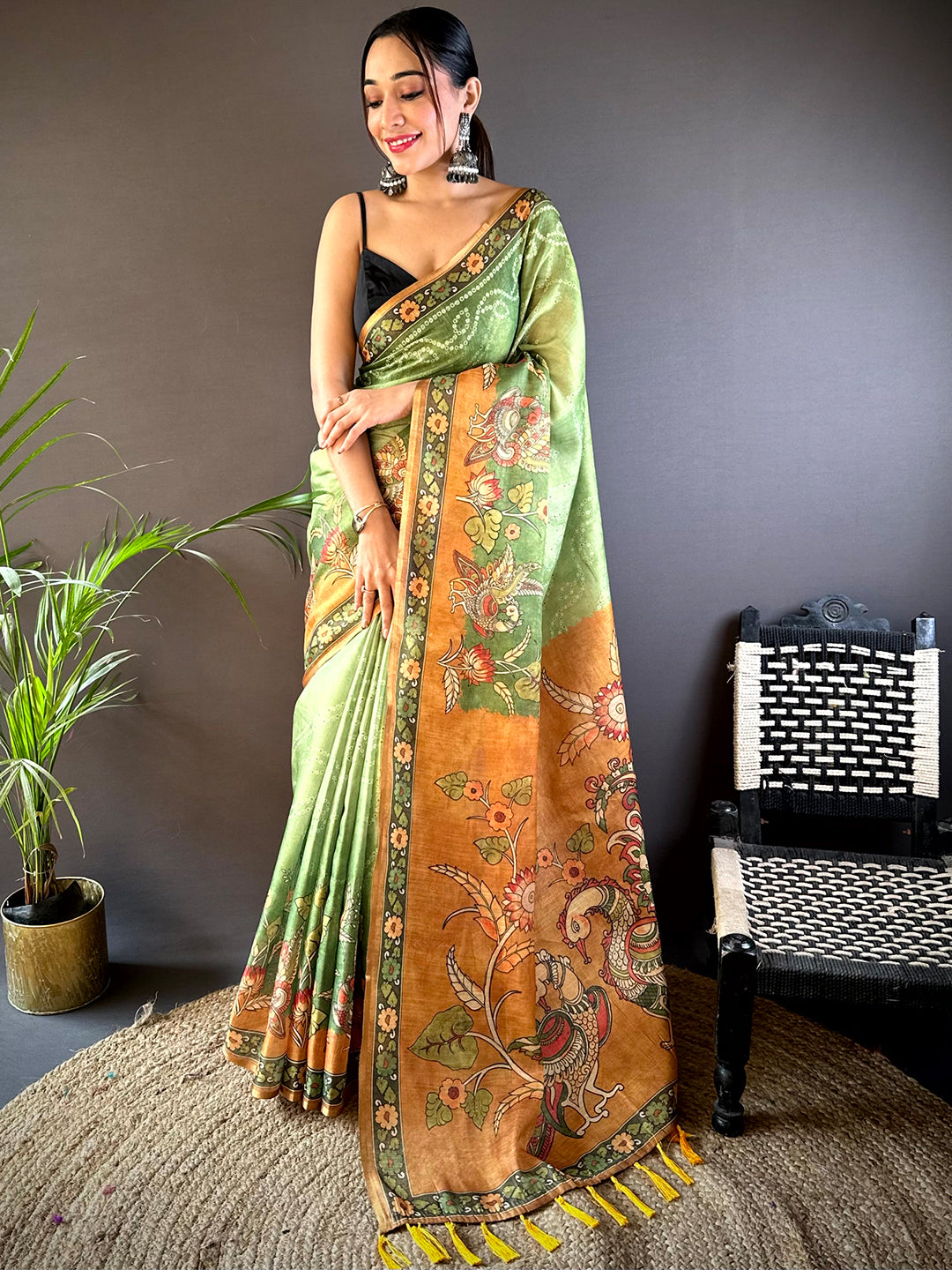 Pista Tissue Bandhej Kalamkari Saree