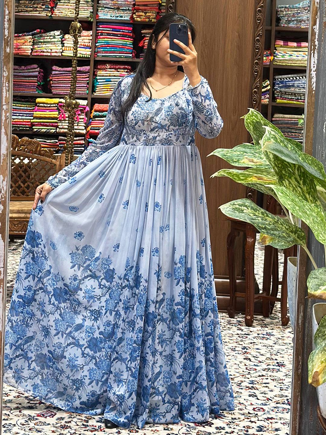 Timeless elegance in a blue floral party dress