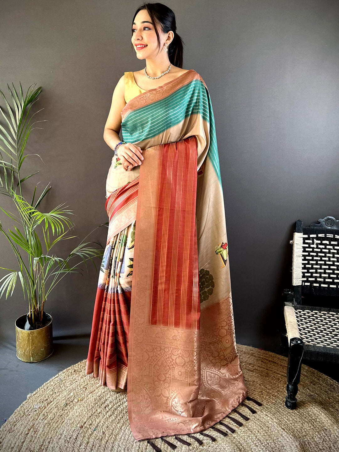 Teal Soft Crep Silk Ombre Print Saree