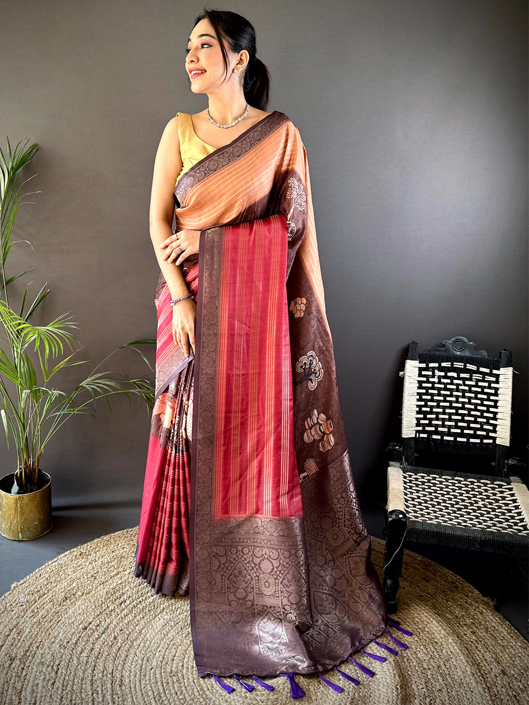 Brown Soft Crep Silk Ombre Print Saree