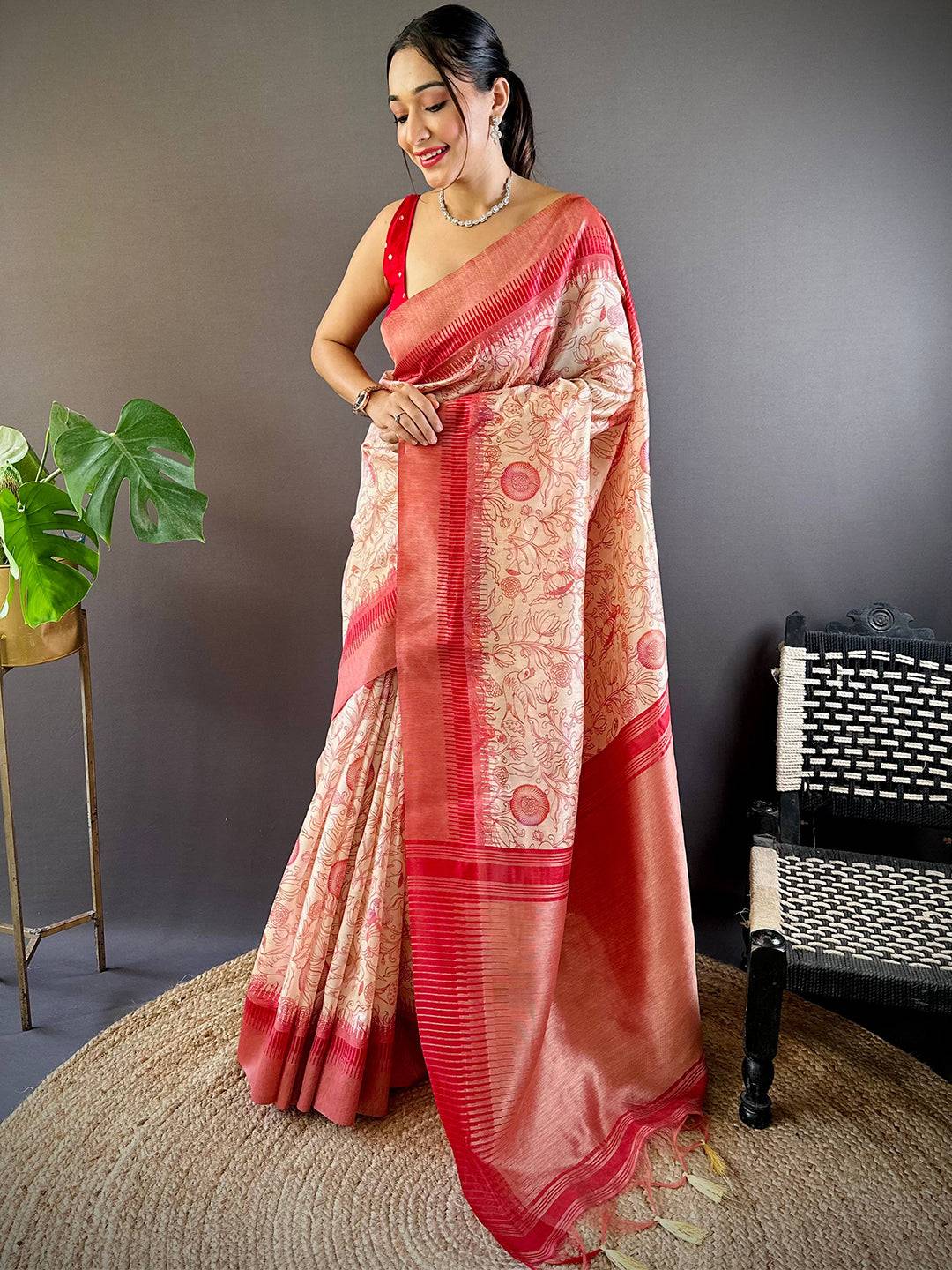 Pink Floral Tussar Silk Saree