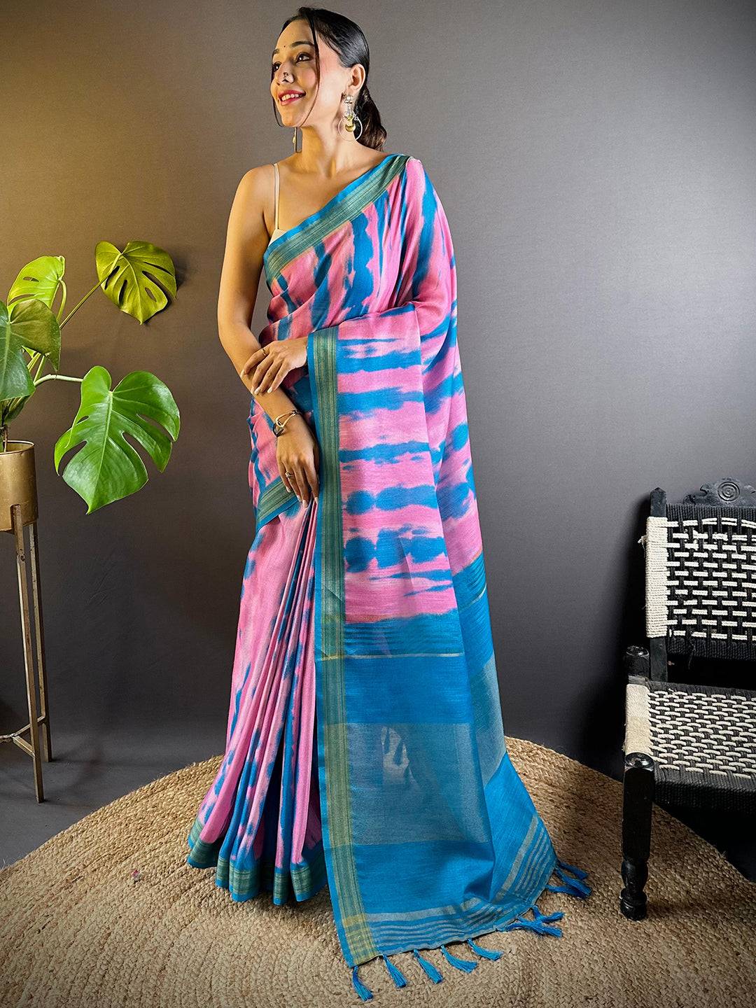 Pink Shibori Print Linen Saree