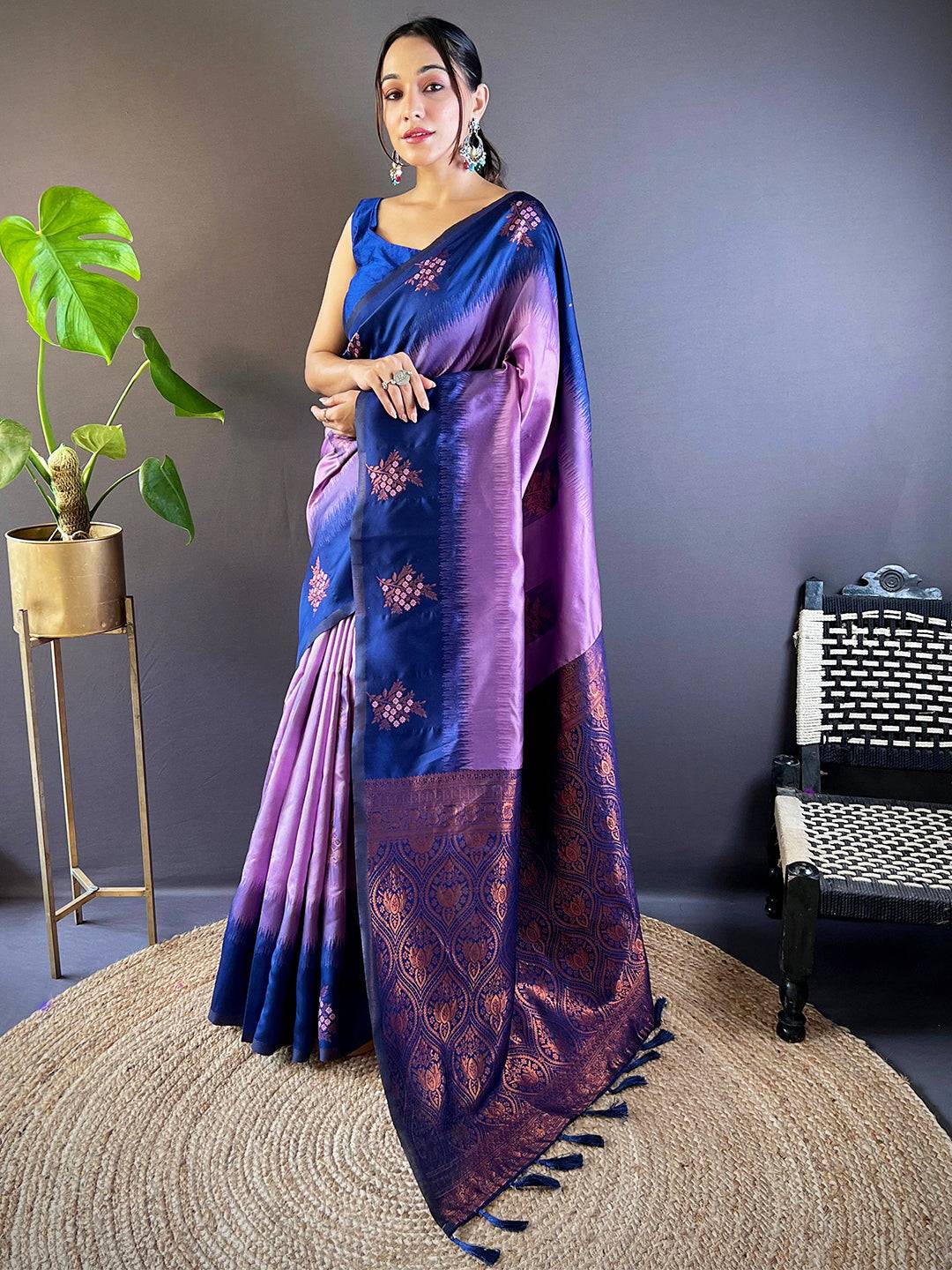 Model showcasing Violet Sami Banarasi Tussar Silk Saree