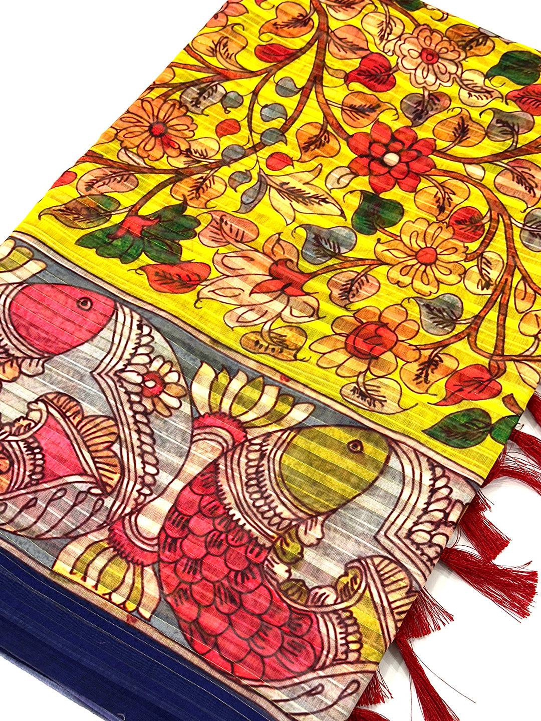 Sunshine Yellow Pen Kalamkari Linen Saree