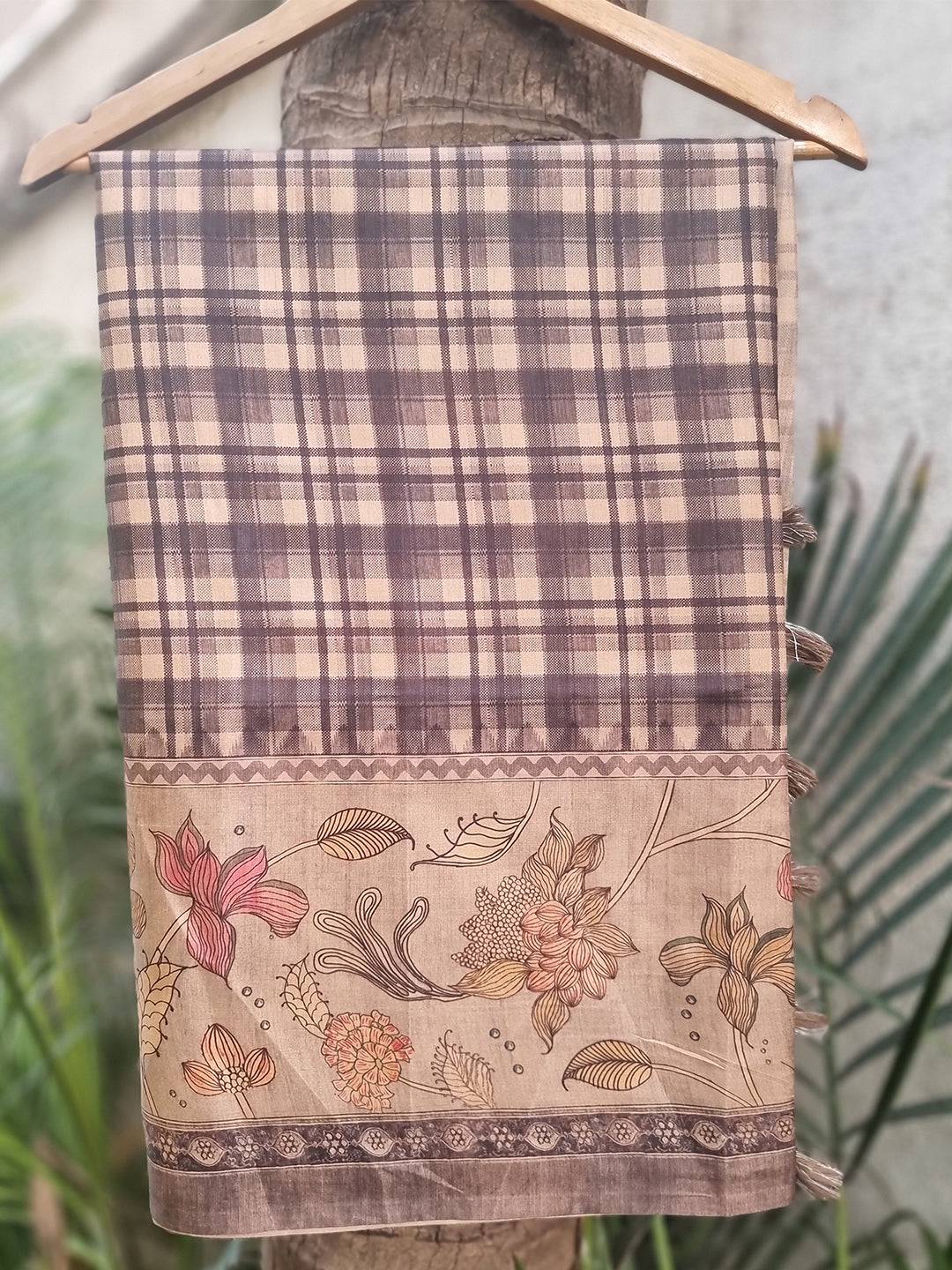 Grey Colour Tussar Silk Saree With Flower Kalamkari & Chex Motifs