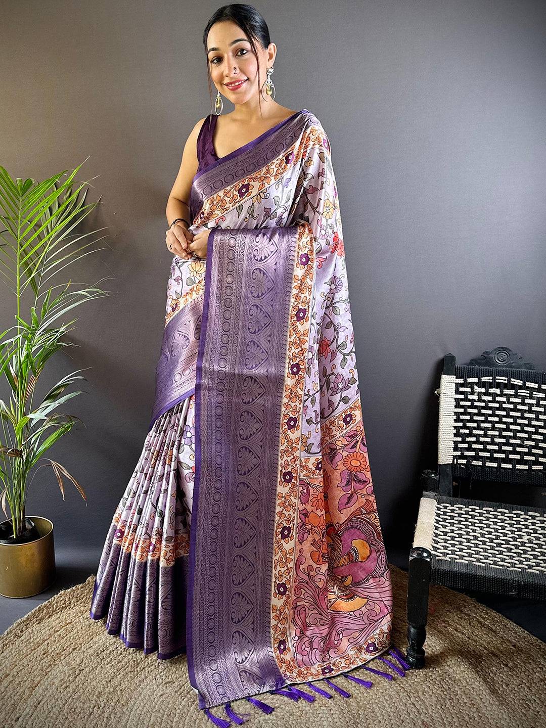 Lilac Floral Kalamkari Print Saree