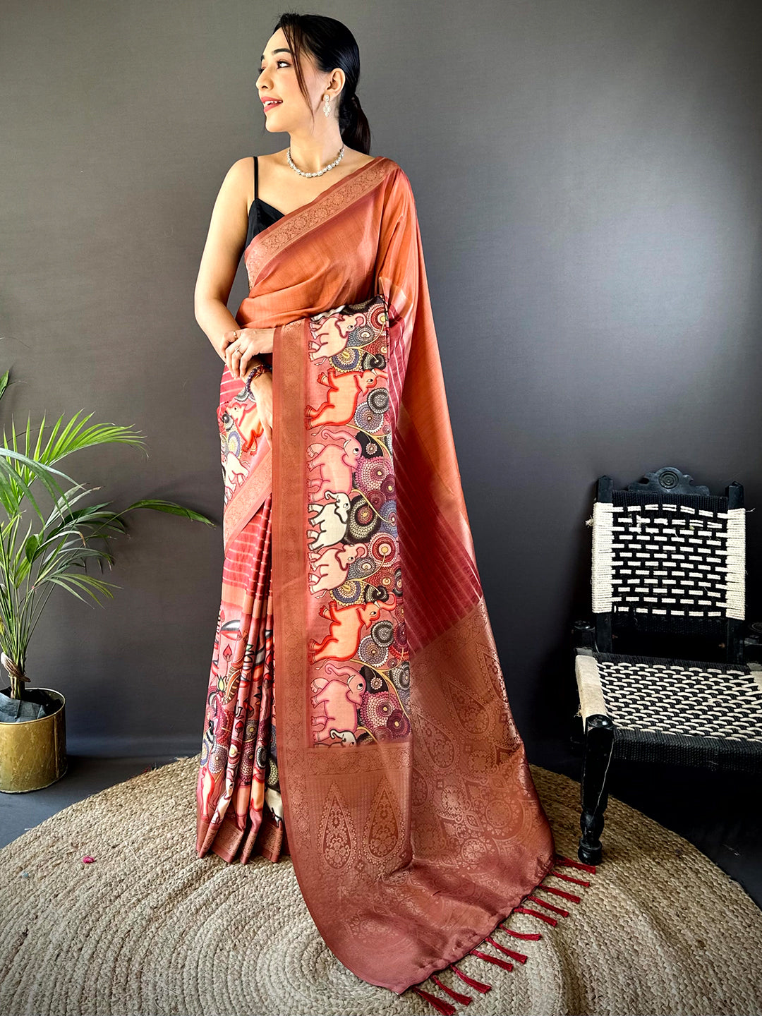 Rust Red Kalamkari Ombre Soft Silk Saree