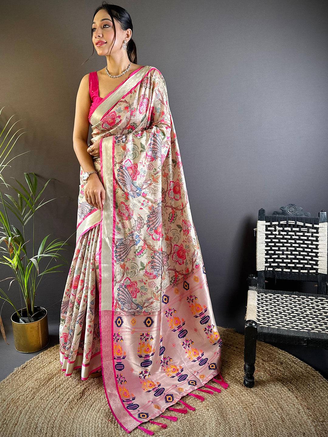 Serene Beige Phulkari Silk Saree