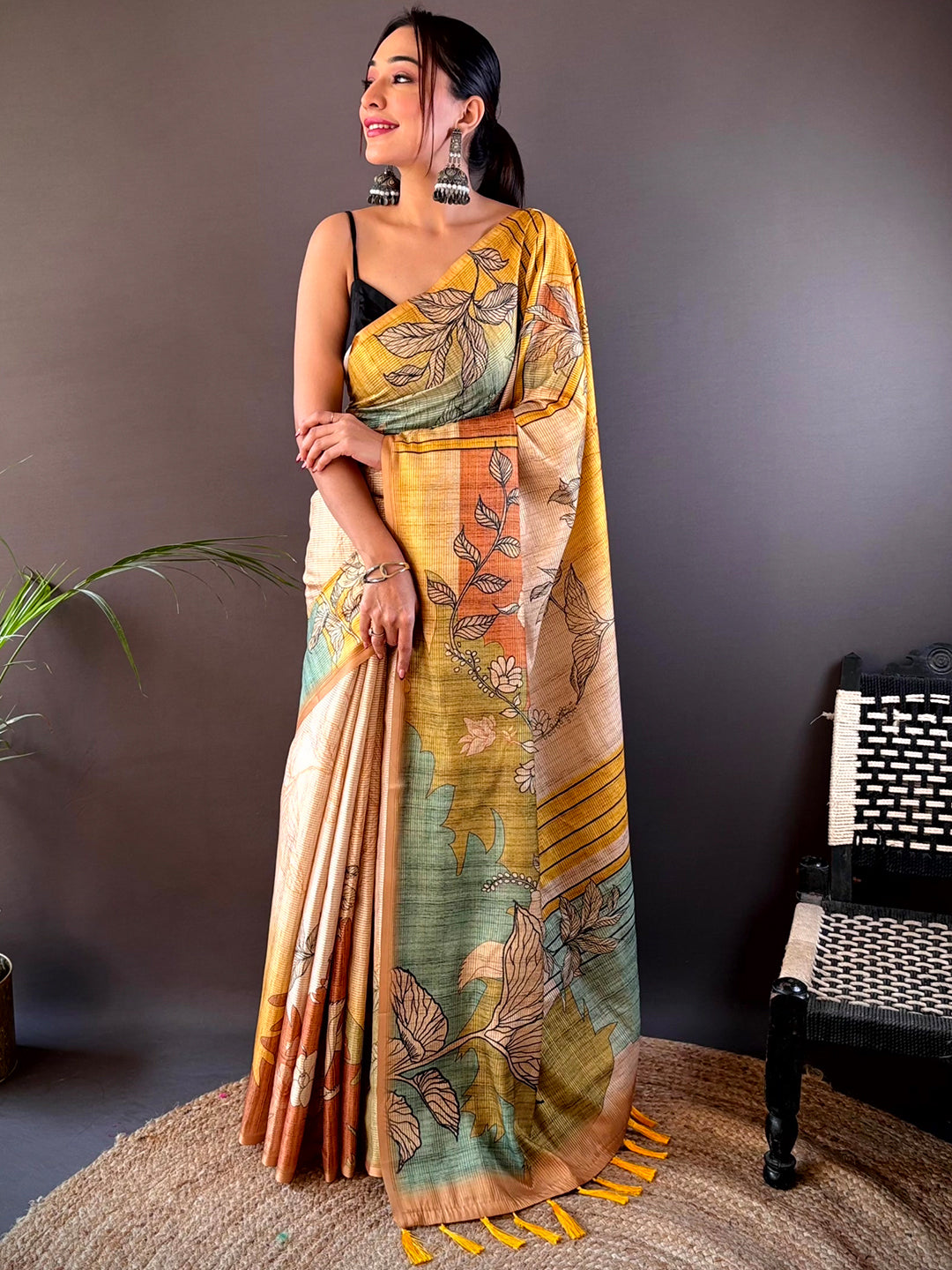 Full view of Yellow Abstract Floral Zari Tussar Saree