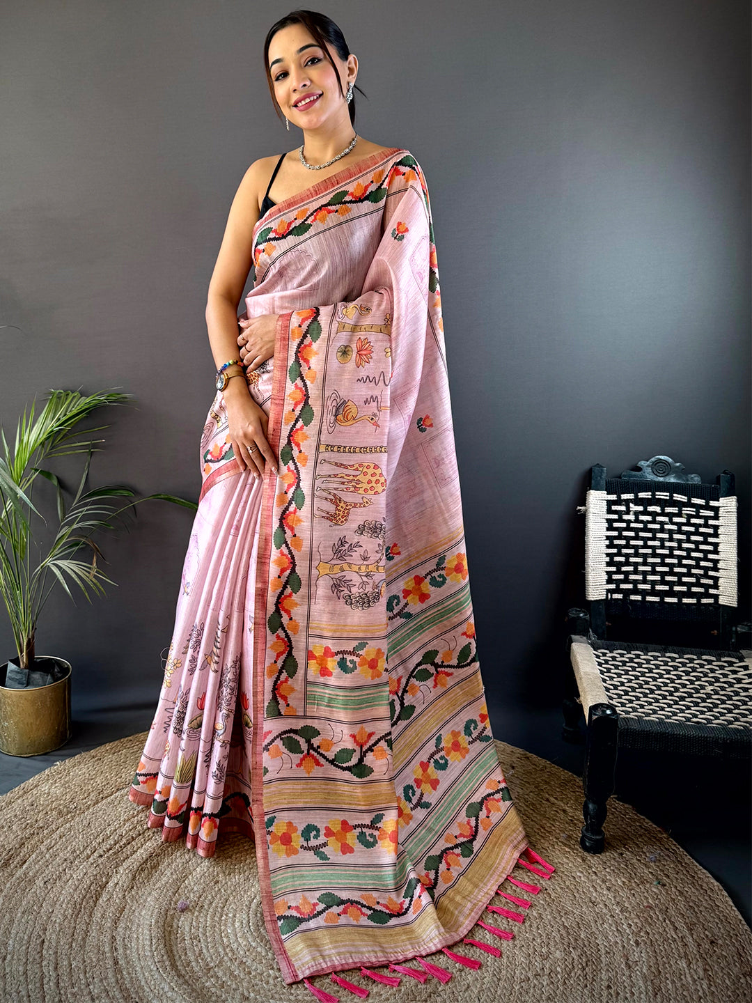 Blush Pink Jungle Floral Zari Tissue Saree