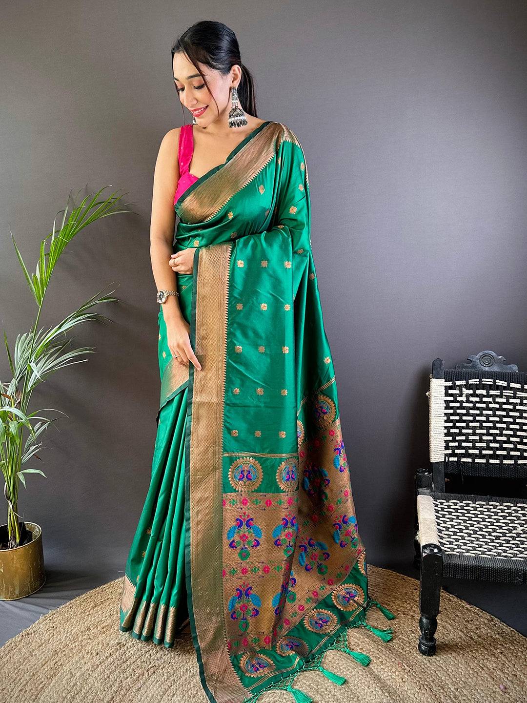 Jade Green Copper Elegance Soft Silk Saree