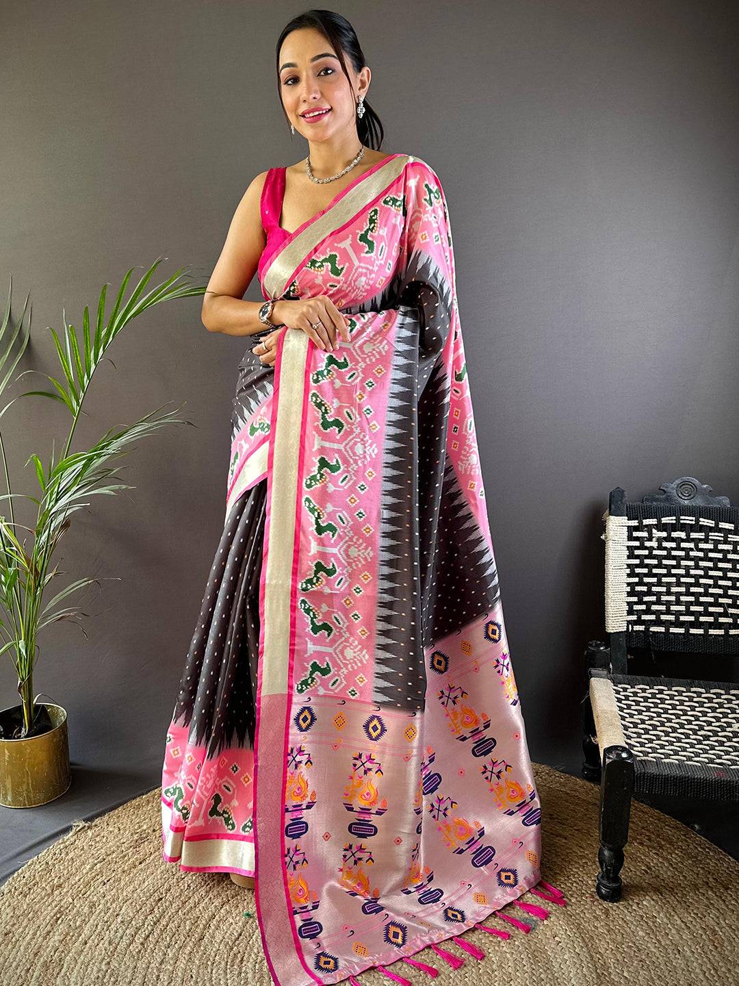 Black Ikkat Paithani Soft Silk Saree