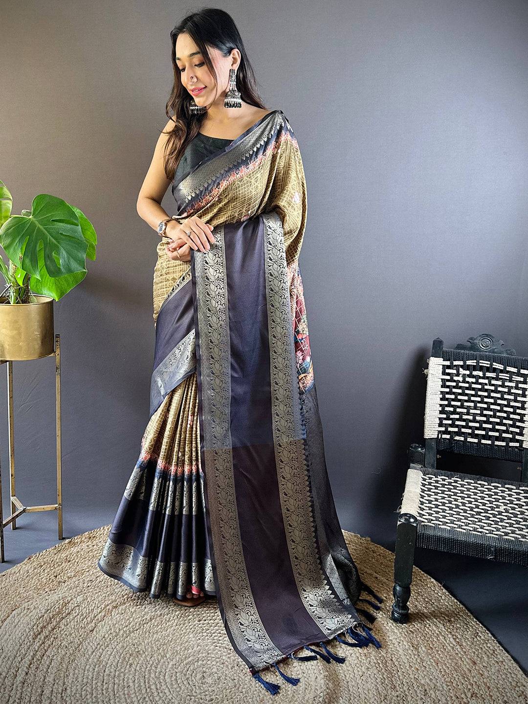 Olive Banarasi Pichwai Print Saree