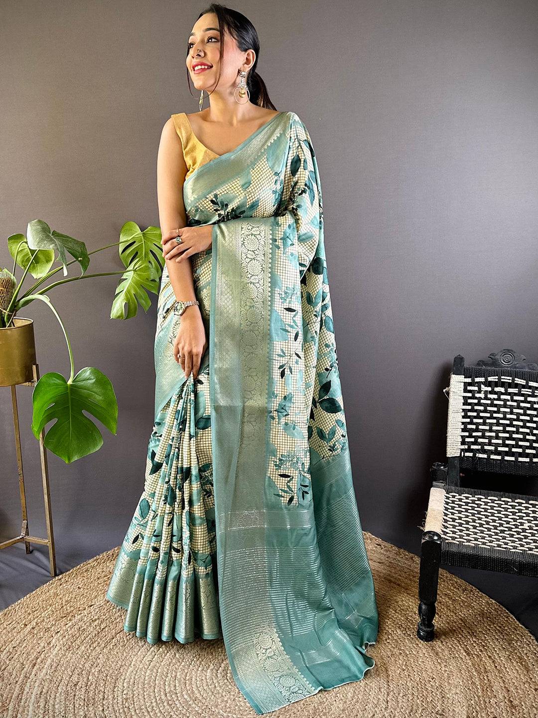 Leaf And Check Turquoise Viscose Saree