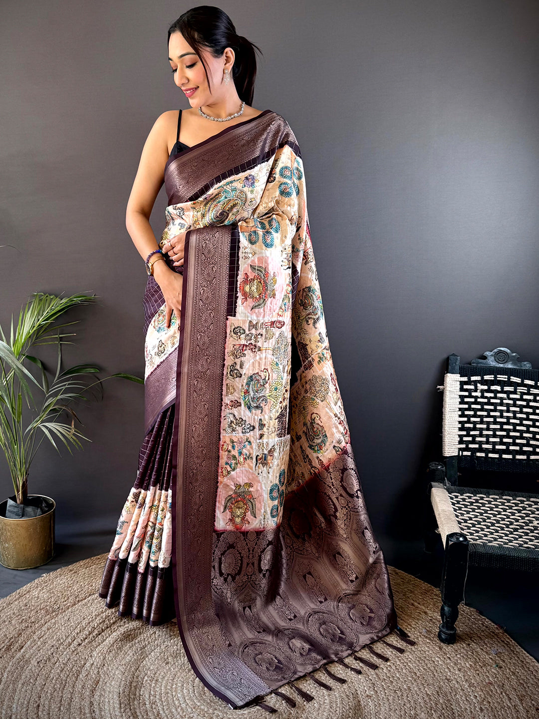 Artisanal Brown Silk Blend Kalamkari Saree