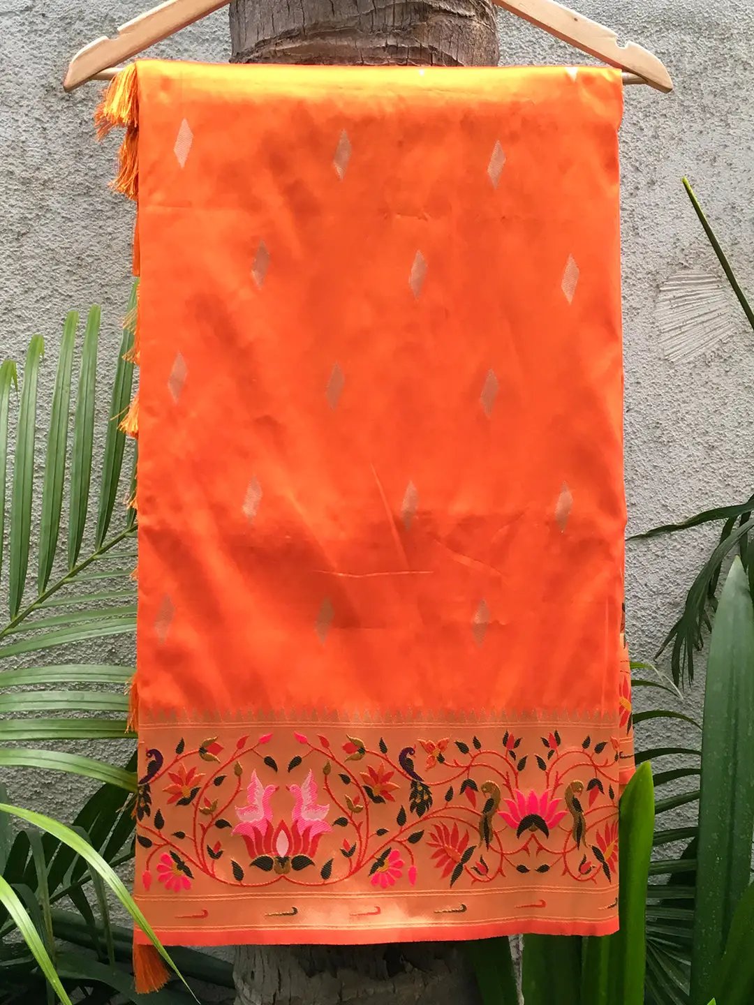 Orange Yevla Paithani Meenakari Saree with intricate border