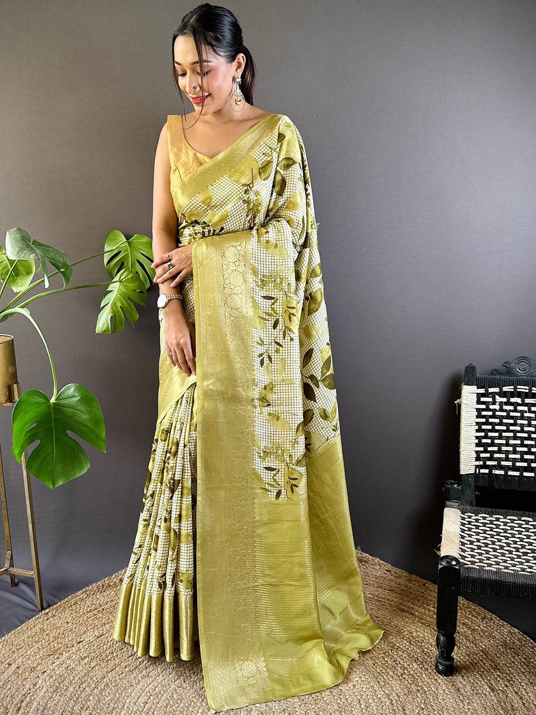 Leaf And Check Olive Viscose Saree