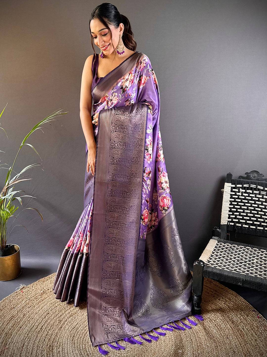 Orchid Purple Satin Silk Floral Print Saree