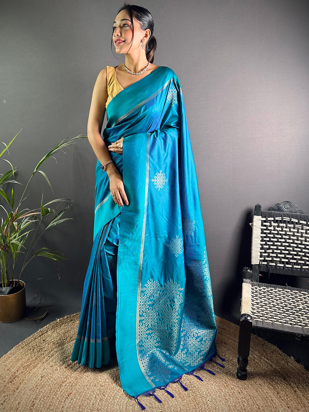 Turquoise Peacock Kolam Silk Heritage Saree