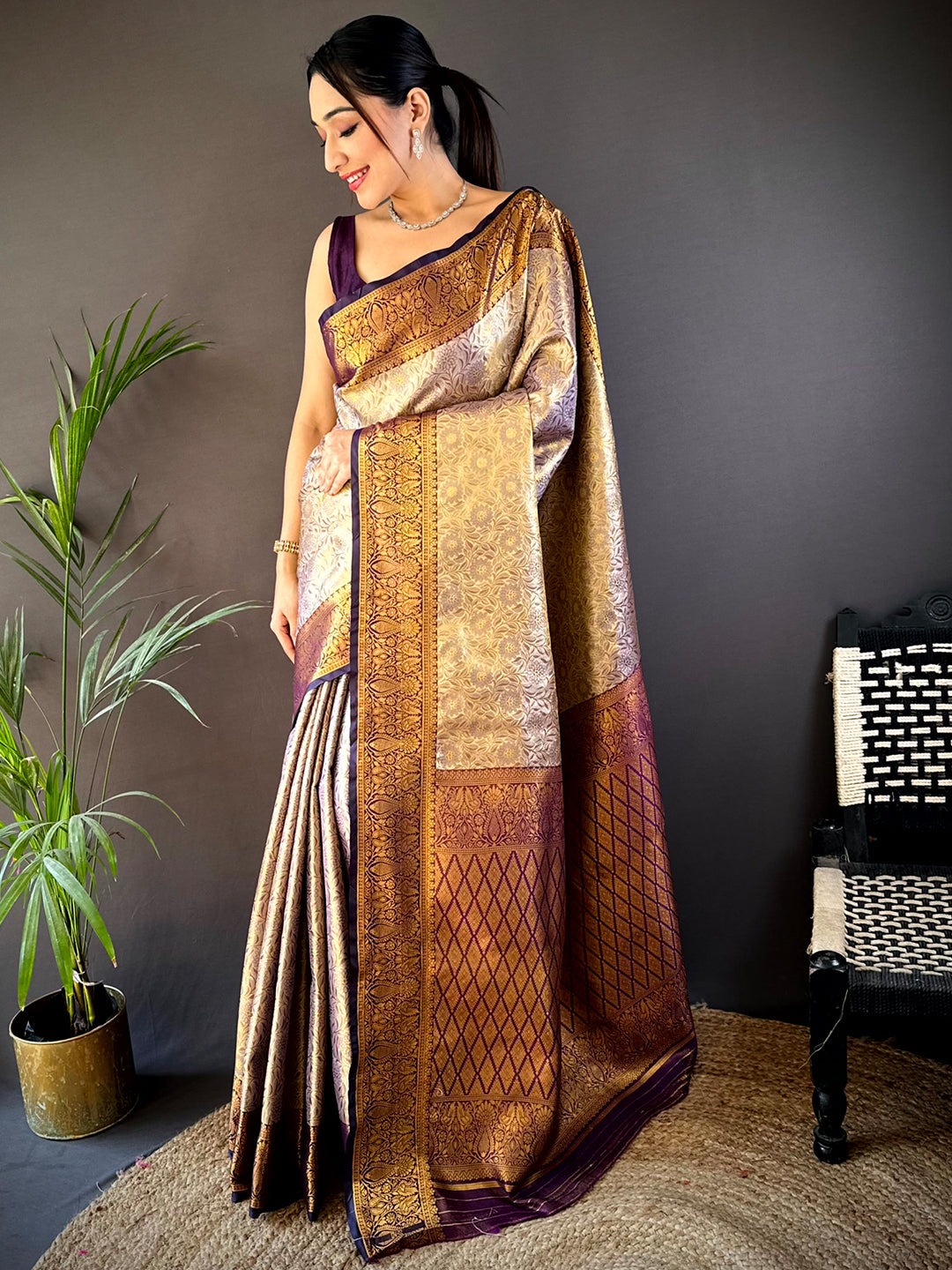 Gold Zari Floral Saree in Black