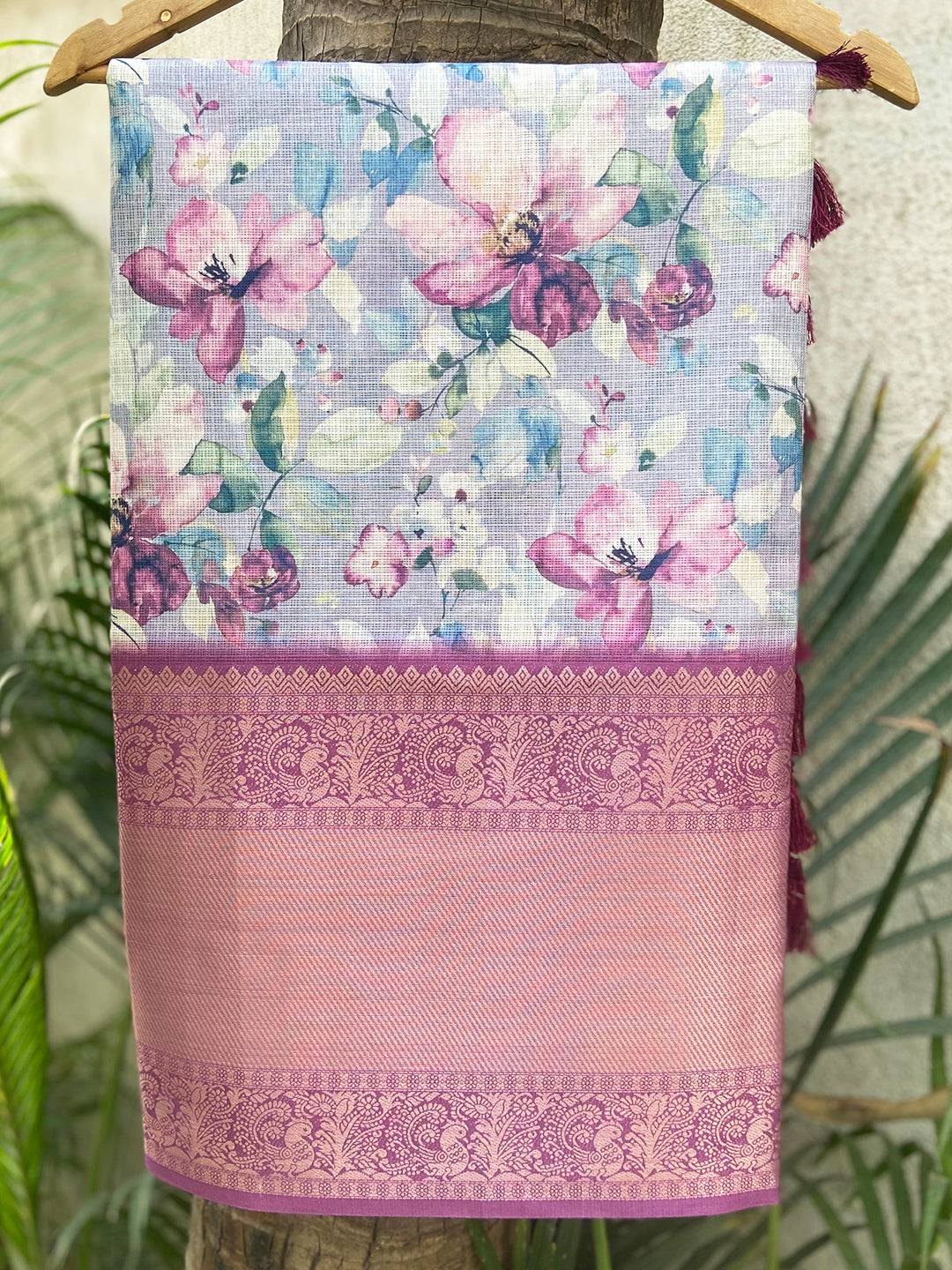 Lavender Kota Doriya Saree Flower Digital Print With Zari Border