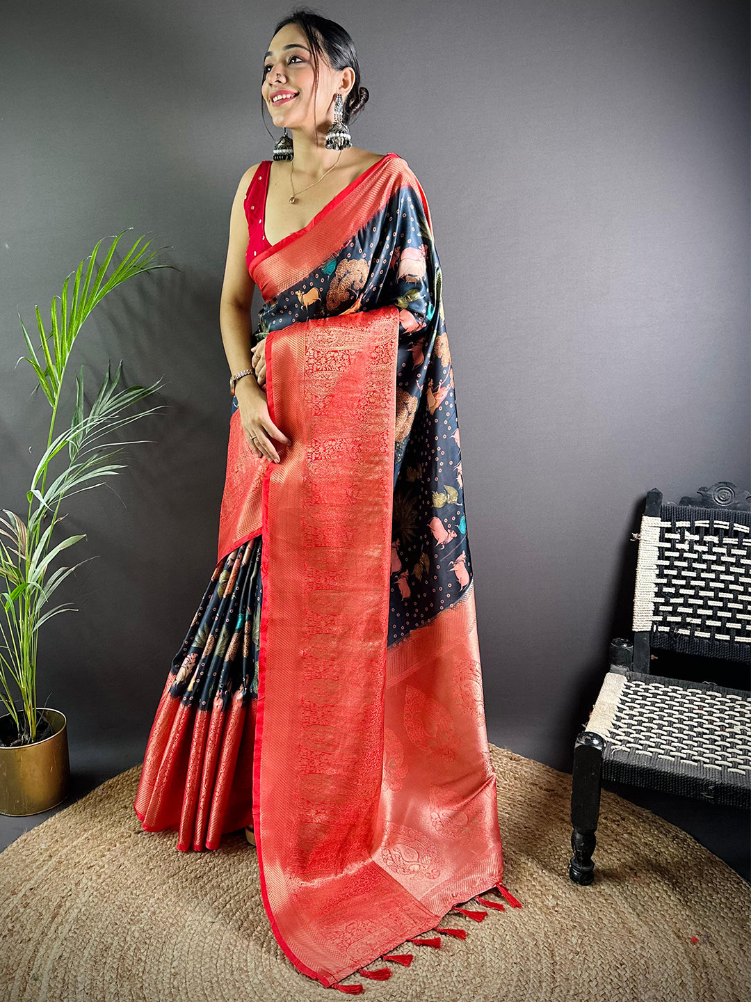 Black Satin Pichwai Print Saree