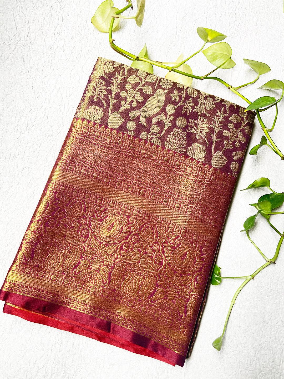 Ivory Wine Kanjivaram With Golden Zari Work Saree