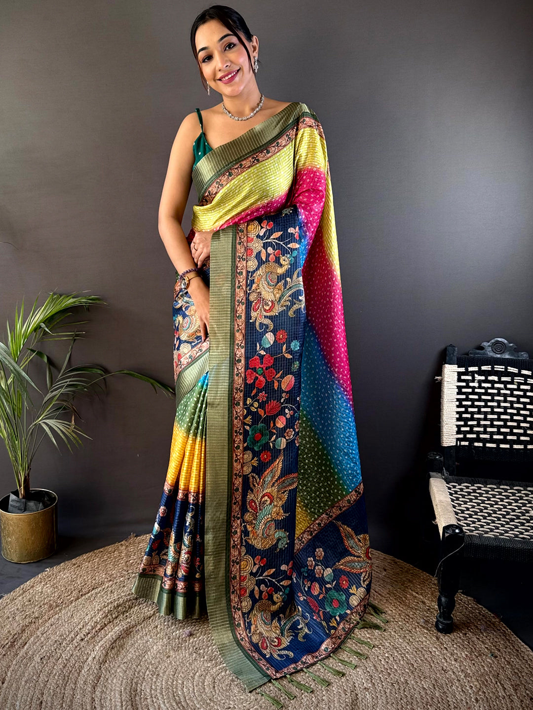 Shop Allure Silk Blend Bandhani Print Saree online, a stunning silk saree with colorful Bandhani prints and intricate detailing.