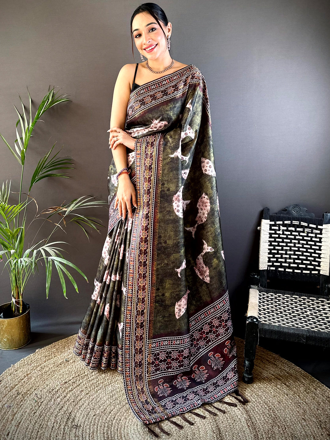 Dark Brown Soft Silk Fish Kalamkari Saree