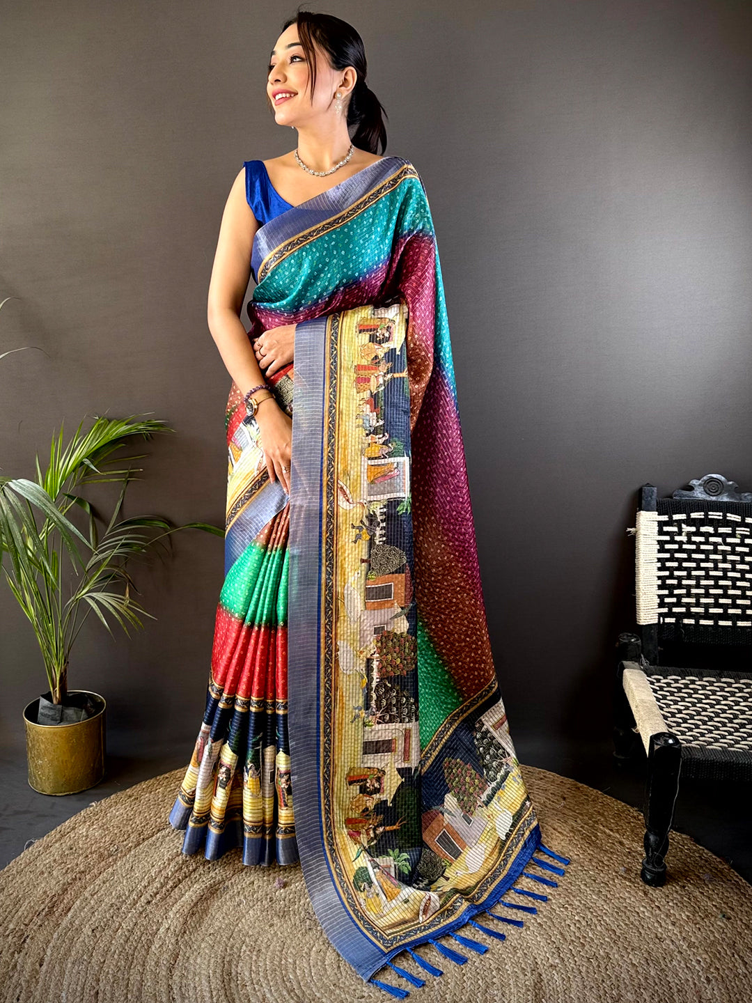 Shop Heritage Silk Blend Bandhani Print Saree online, showcasing a rich multicolor palette with traditional motifs, perfect for festive and wedding occasions.