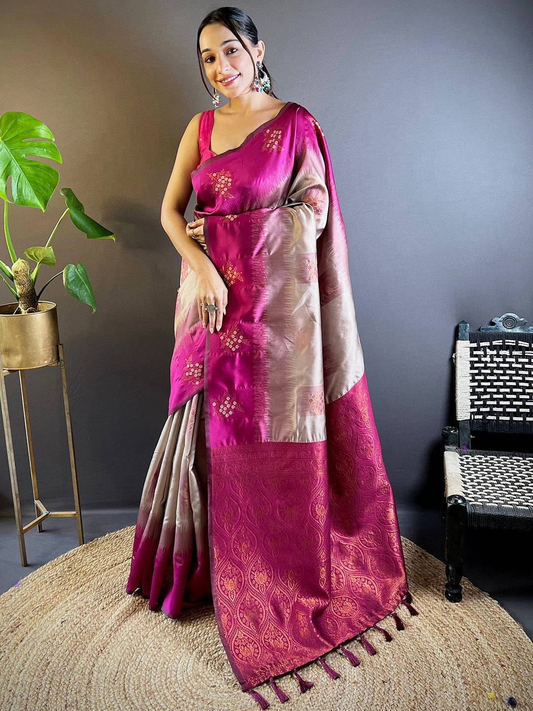 Full view of magenta Banarasi Tussar silk saree with intricate design.