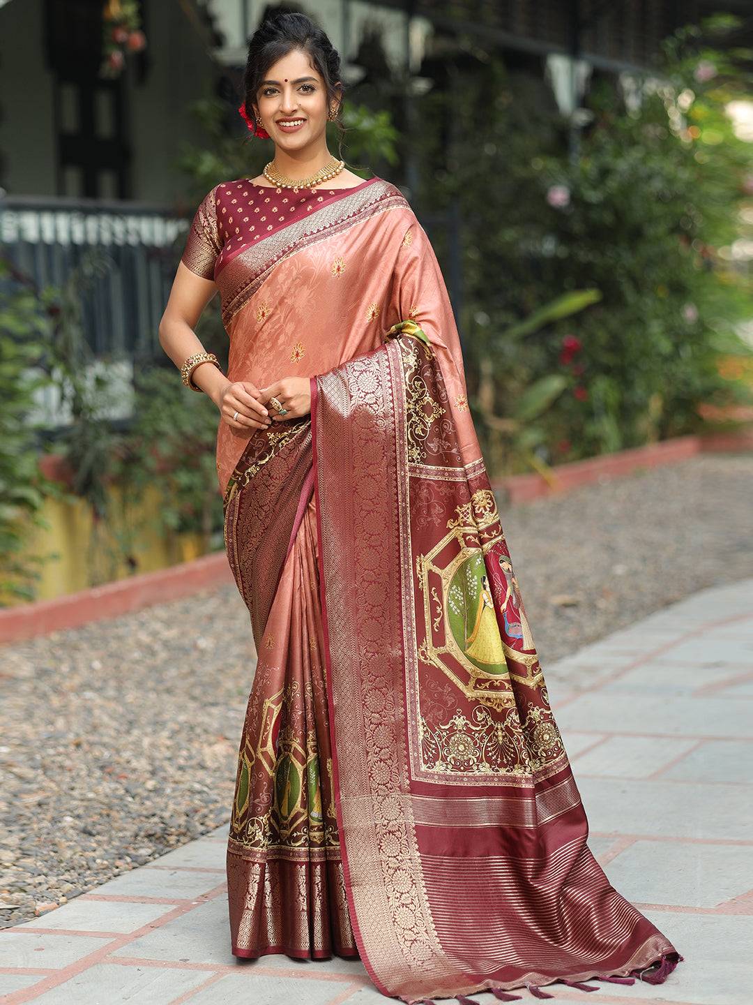 Peach Colour Viscose Dola Silk Saree With Zari Weaving Pallu