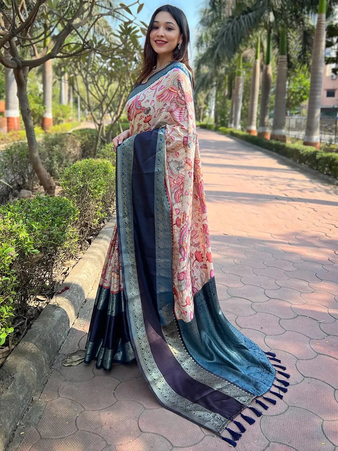  Blue Colour Double Border Chex Weaving Banarasi Silk Saree