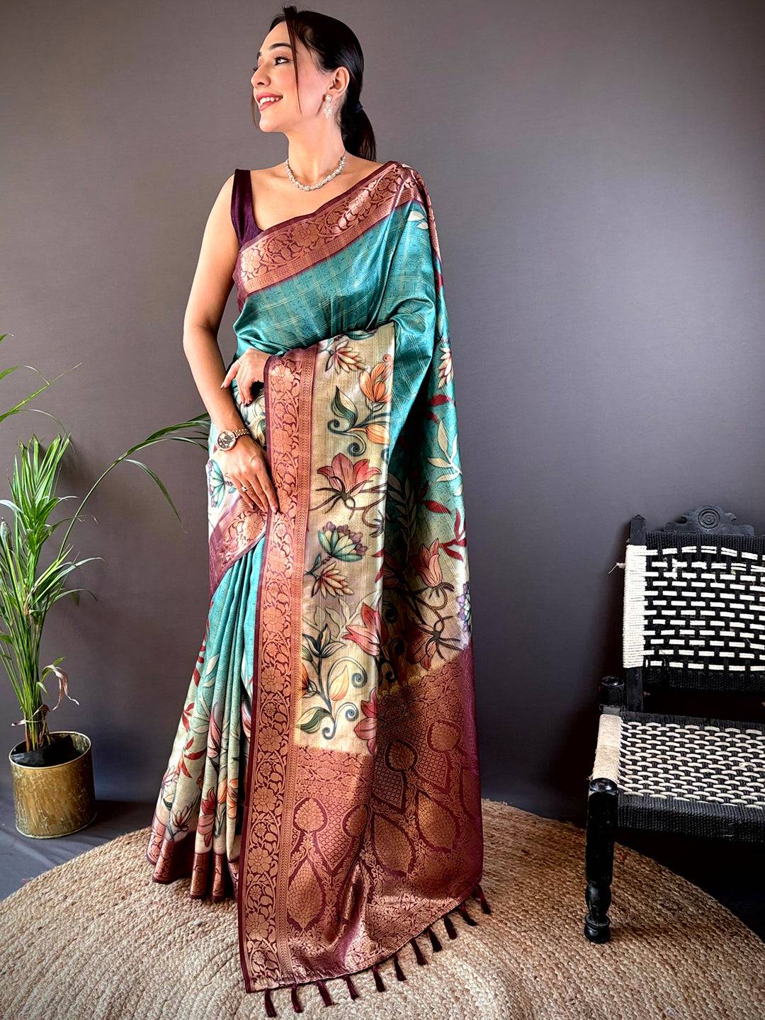 Teal Ombre Floral Digital Print Saree