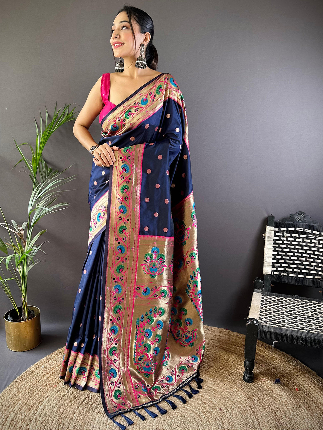 Navy Colour Yevla Paithani Soft Silk Saree