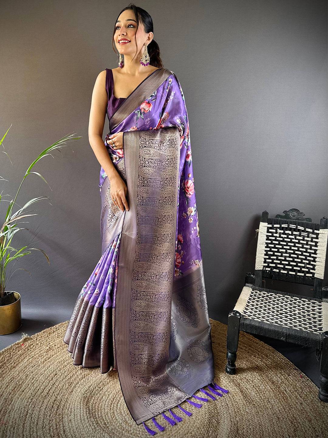 Purple Satin Silk Floral Print Saree