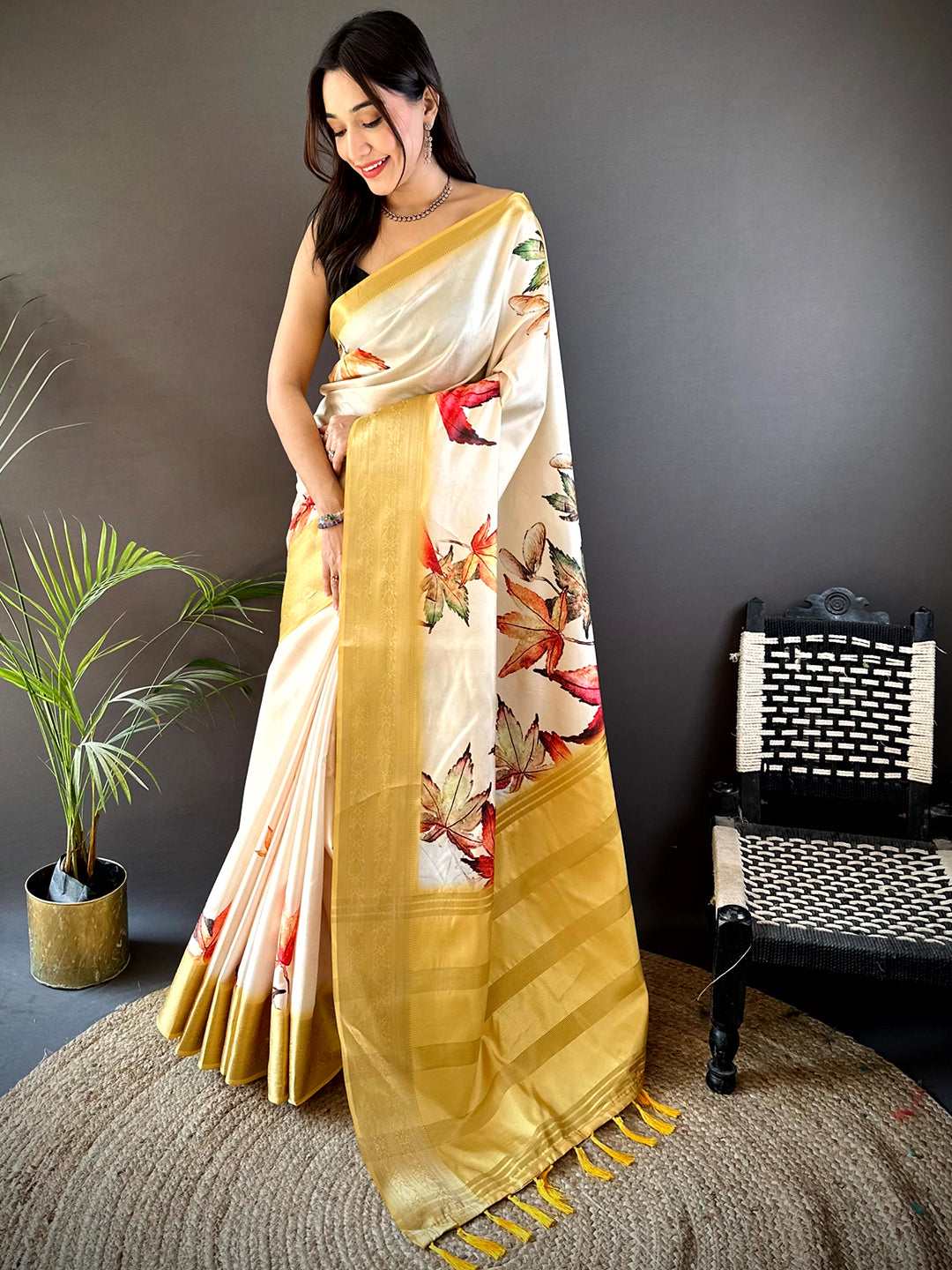 Cream Soft Silk Digital Leaf Print Saree