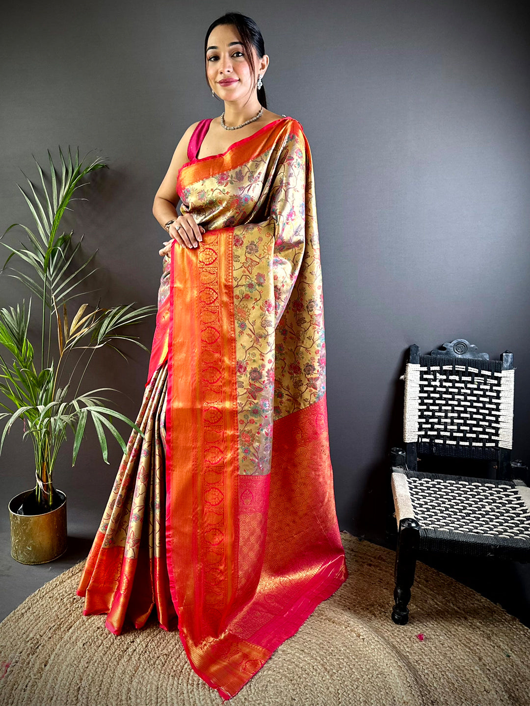 Elegant Red Butterfly Floral Dharmavaram Saree