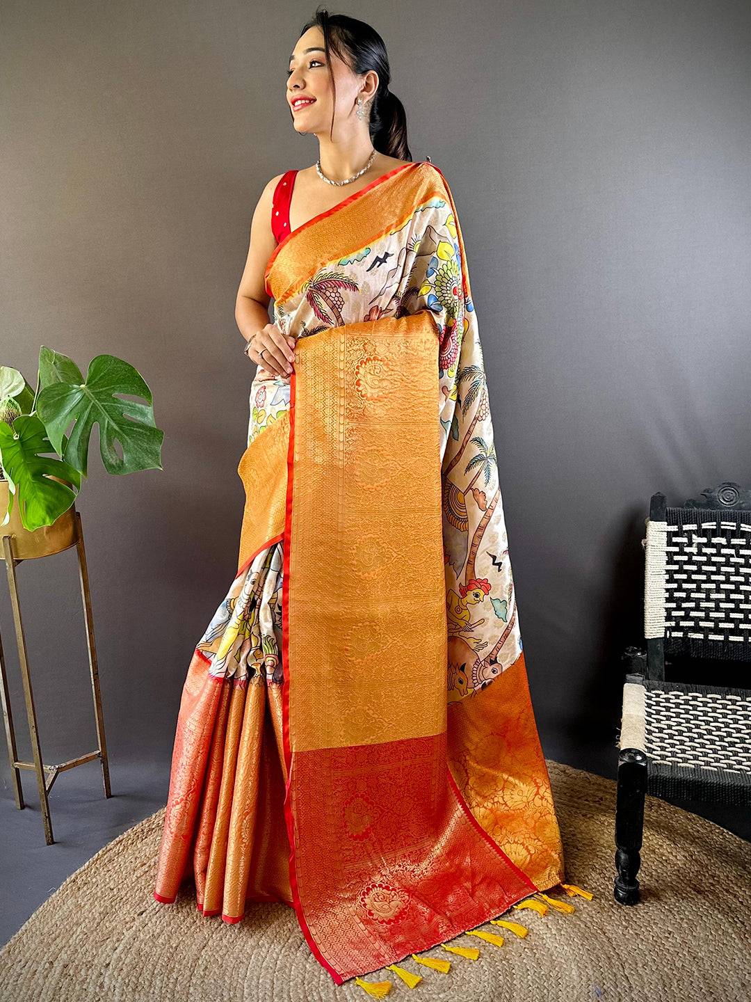 Cream Kanchi Kalamkari Elegance Saree