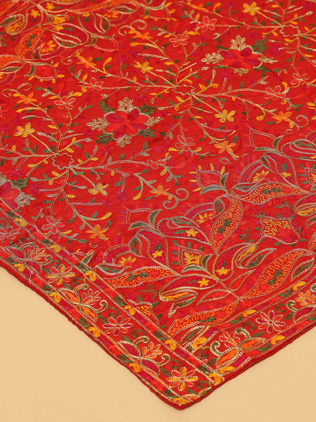 Close-up of Red Poly Chiffon Pashmina Dupatta embroidery