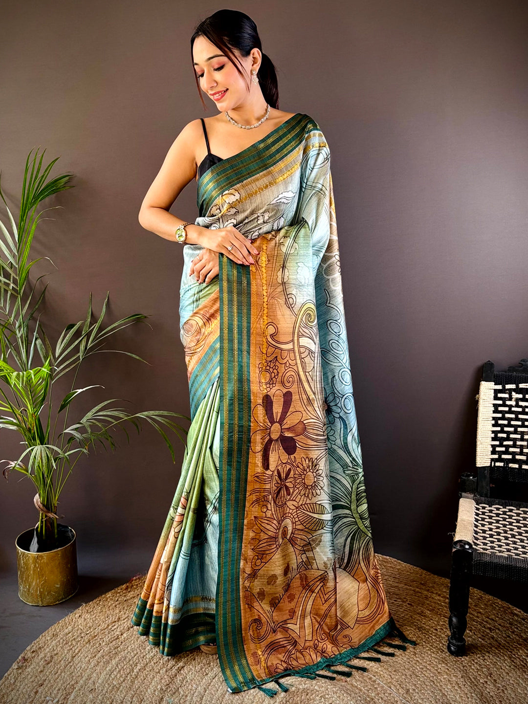 Teal Soft Silk Abstract Geometric Saree