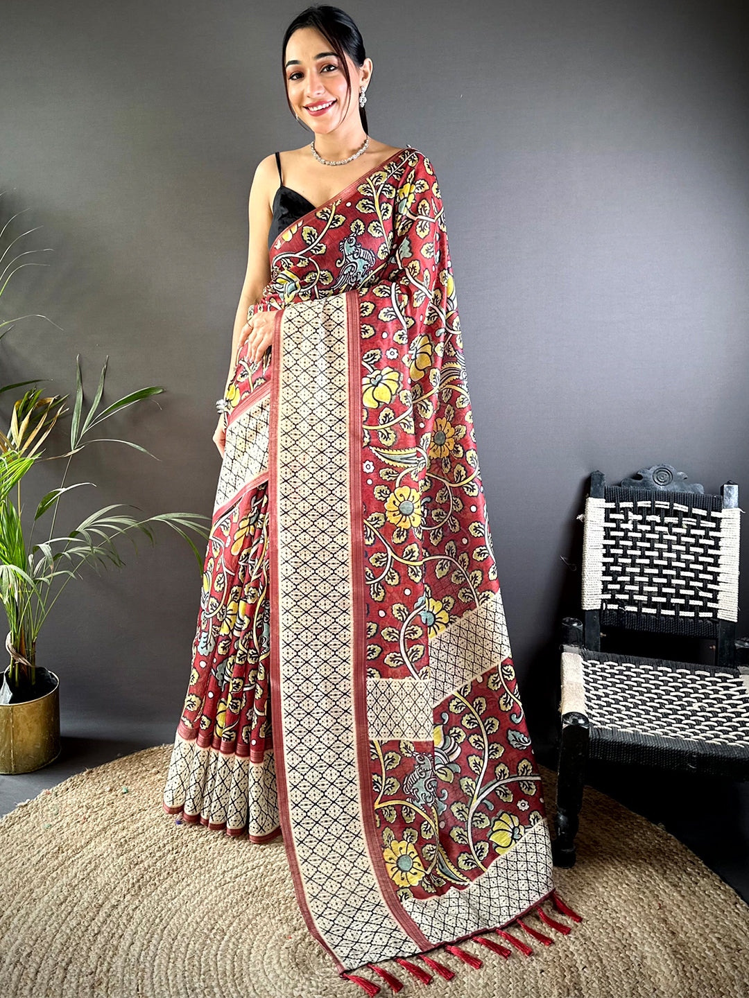 Maroon Chanderi Phulkari Floral Sulb Saree