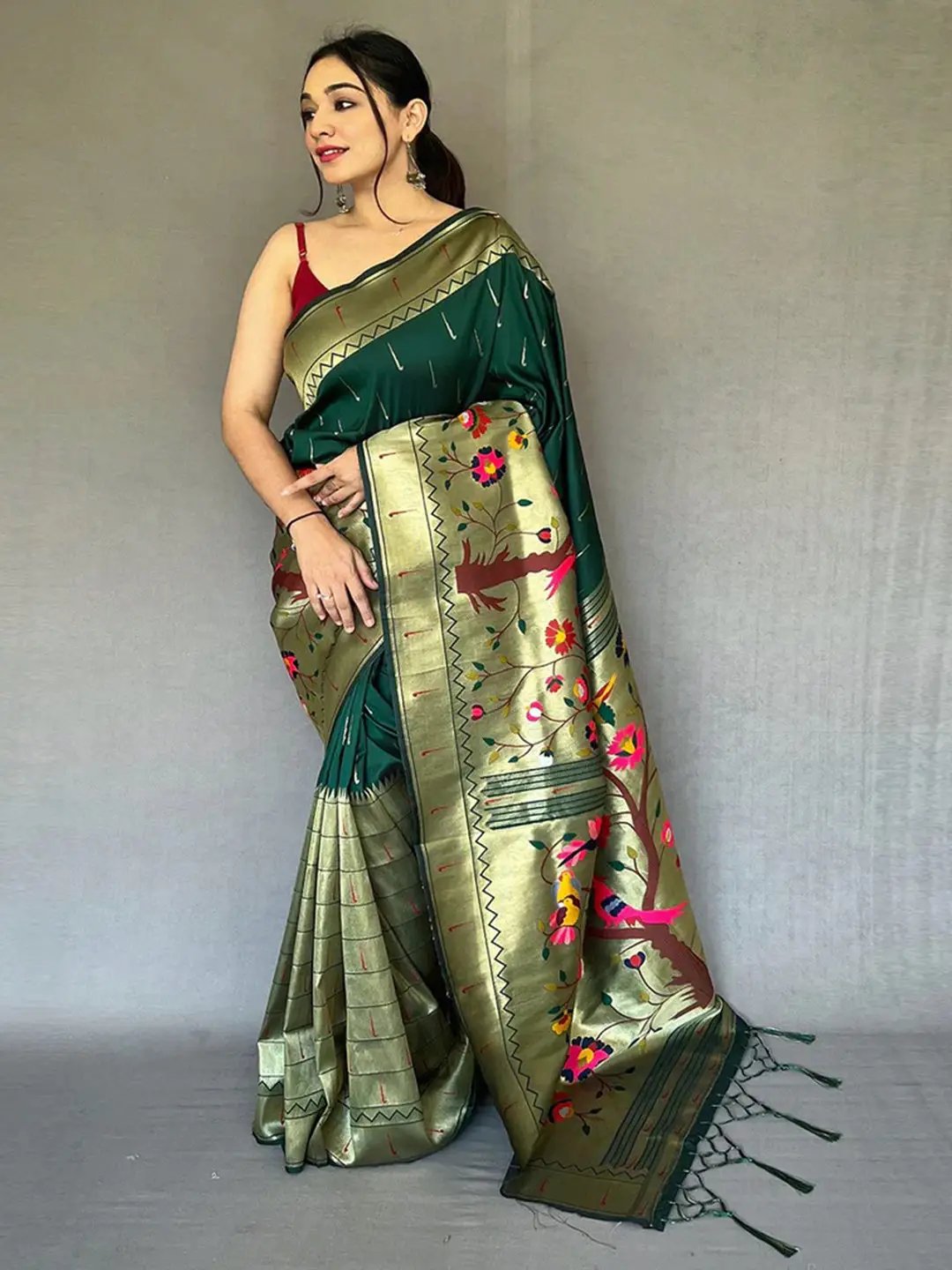 Bottle Green Paithani Big Border Zari Woven Saree