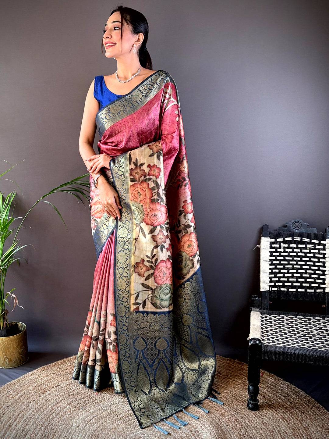 Rani Ombre Floral Digital Print Saree