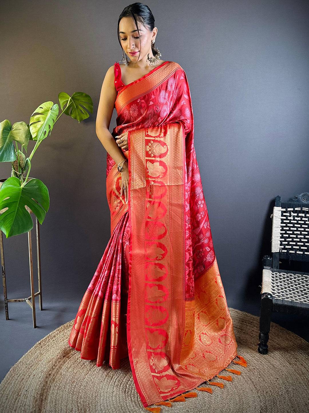 Red Charry Satin Floral Saree