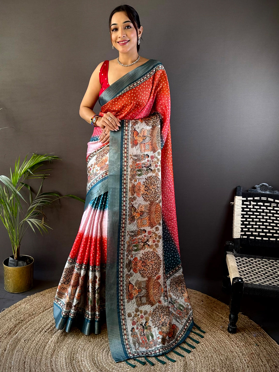 Shop Radiant Silk Blend Bandhani Print Saree featuring traditional motifs and a rich color palette. Ideal for parties and ceremonial events.