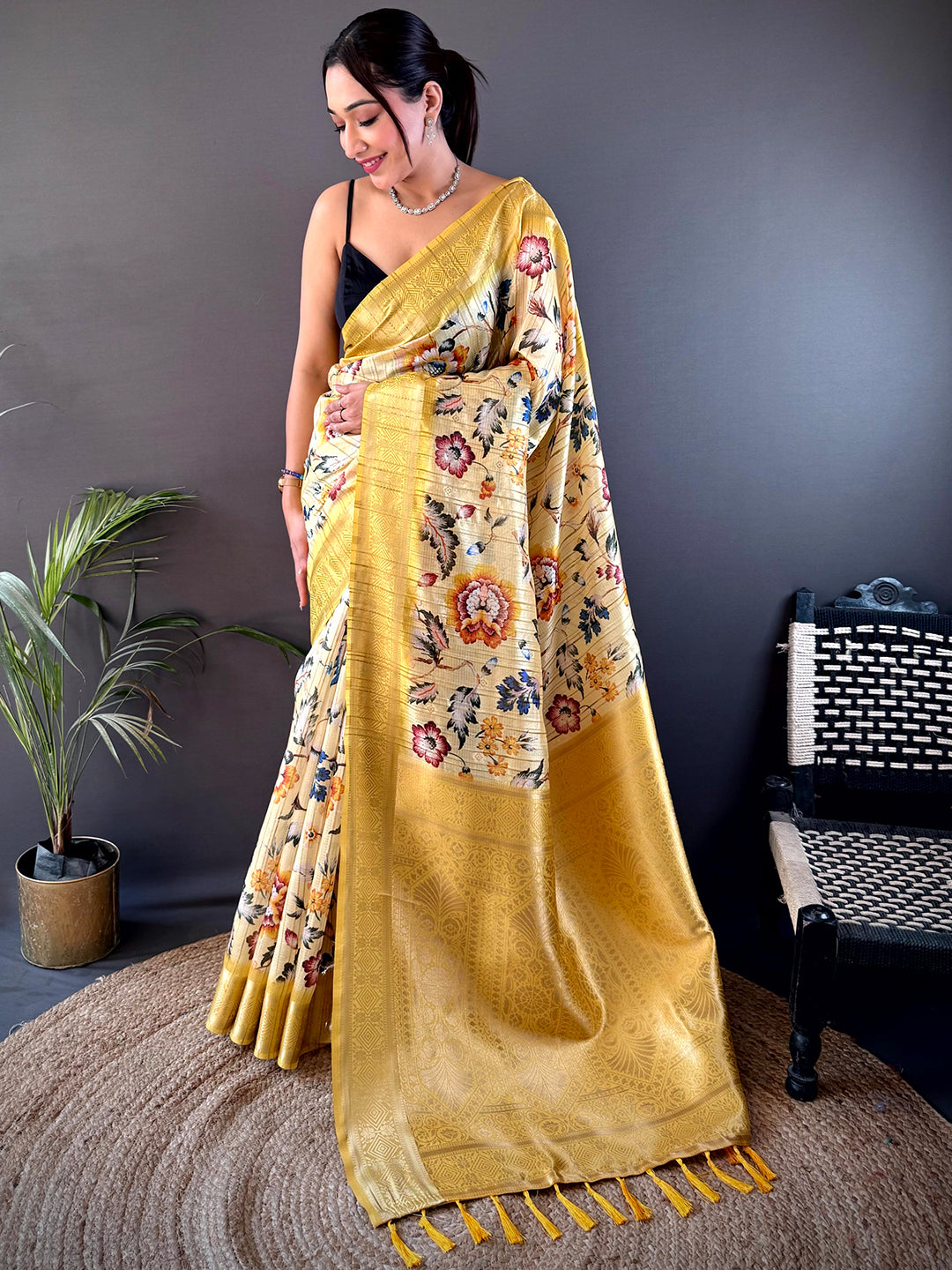 Opulent Banarasi Ghicha Tussar Floral Print Saree