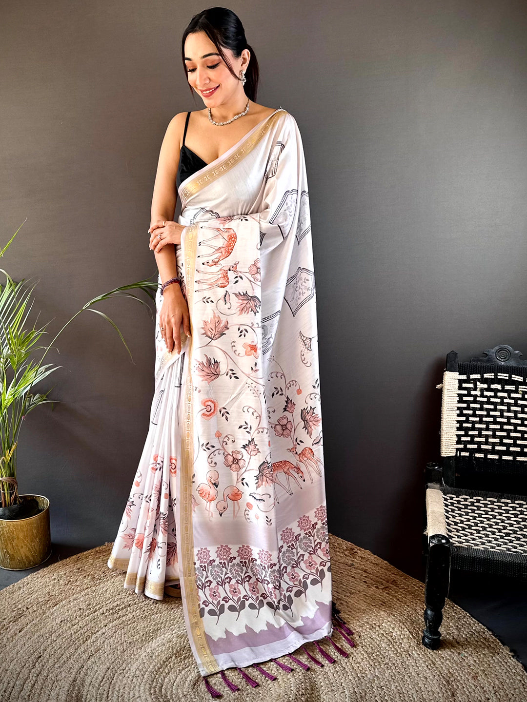 Lavender Forest Phulkari Kalamkari Print Saree